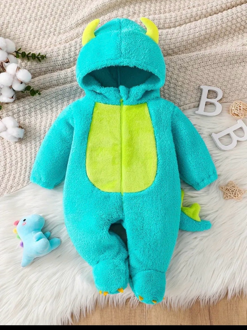 Baby Plush Monster One-Piece Romper - Sky Blue with Lime Accent